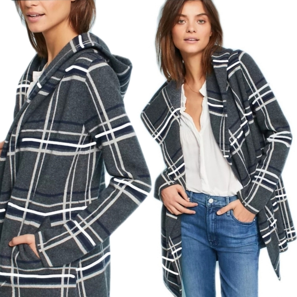 Heathmoor Womens Gray & Cream Glen Plaid Hooded Open Long Cardigan Coat Size S - Picture 2 of 10